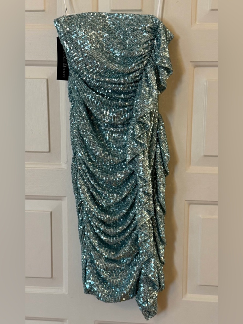 Nicole Bakti Sequin strapless Ruffle Mini Dress Light Blue